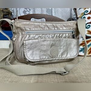Kipling Shopper Tote Bag Metallic Gold Nylon Adjustable Strap Top Zip